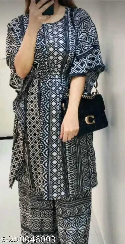 Stunning printed crepe Kaftans & Palazzos set for women, perfect for functions, festivals, parties, and weddings. Made in India, soft on skin and lightweight