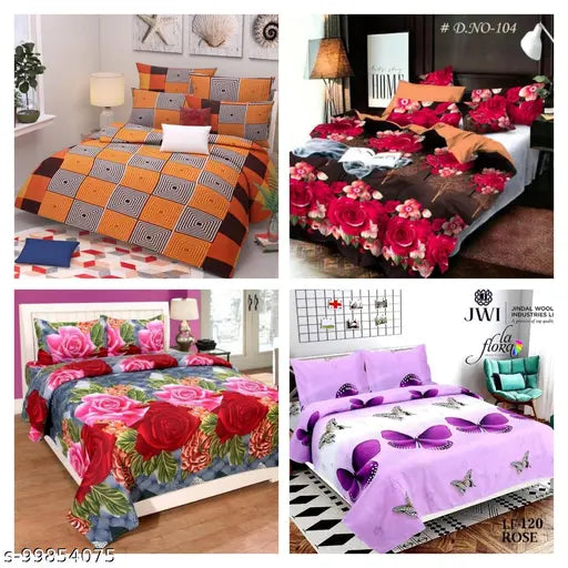 King size 9090 printed bedding set, featuring 4 double sheets and 8 matching pillow covers in various floral patterns