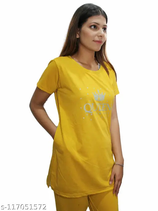 Matelco women's cotton nightsuits, printed long top with hip-length pyjamas, one side pocket and side slits, perfect for lounge or daywear, made in India (M-XXXL)