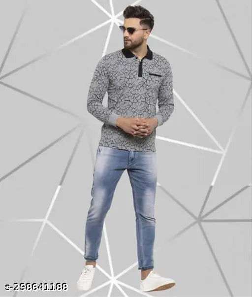 Grey cotton-blend Wild West full sleeve polo neck all-over printed t-shirt for men, featuring a stylish design ideal for parties or casual wear