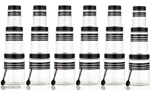 Silver line jar container set of 12, 18ml, glass jars with black plastic lids