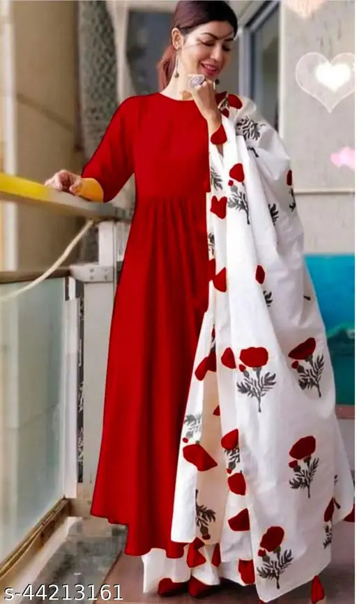 Trendy printed rayon Anarkali Kurta set with palazzos & dupatta, vibrant solid net patterns, women's/girls office wear