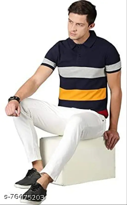 Navy blue colorblocked cotton blend short sleeved t-shirt. Quality made Suitsup product from India