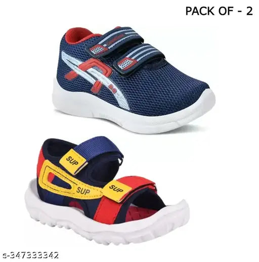 Blue and green textured net kids combo pack of 2 Velcro casual shoes & sport sandals, ideal for boys and girls, EVA sole and mesh upper with PU back detail