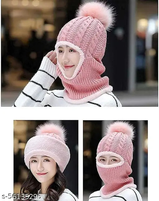 Wool beanie - solid pattern CAT PICK CAP GIRL, warm winter hat for women and girls with attached neck cover and mask, country of origin: India