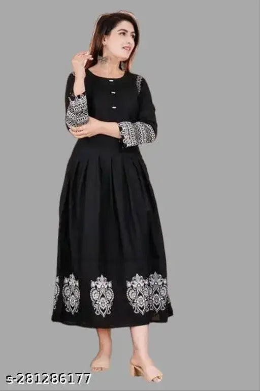 Black rayon anarkali kurti with embroidered pattern, long sleeves. Single size options M, L, XL, XXL