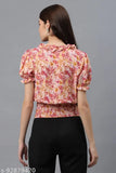 Pink polyester puff sleeves women's top with printed pattern, short sleeves and XS size for casual wear