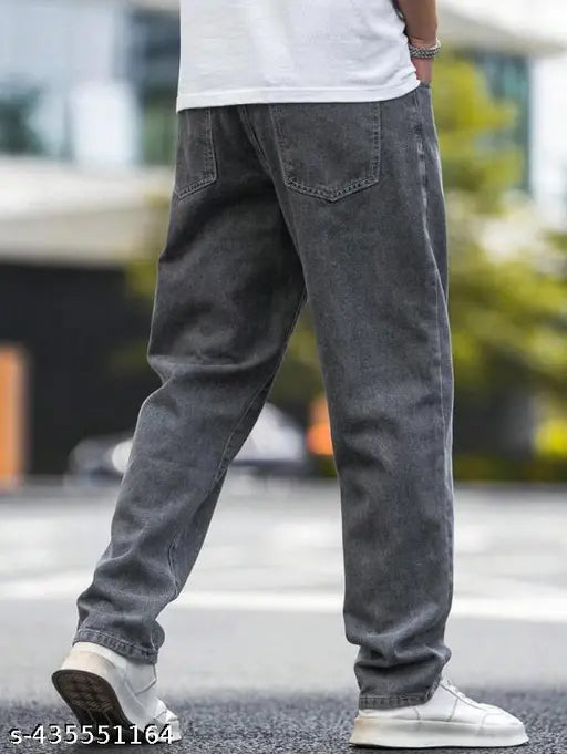 Cotton blend baggy fit jeans for men, mid-rise, distressed look, stretchable. Solid color, diagonal pocket, self-design. Ideal for western wear, size 30 (waist 31", length 41", hip 39"), made in India