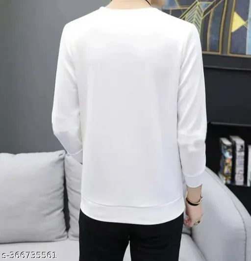 Striped long-sleeve full polyester t-shirt for men, white color, size S-XXL