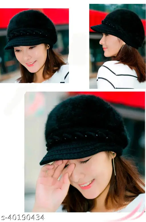 Black woollen knitted hat with fur inside, girls' fashion, black fur lining