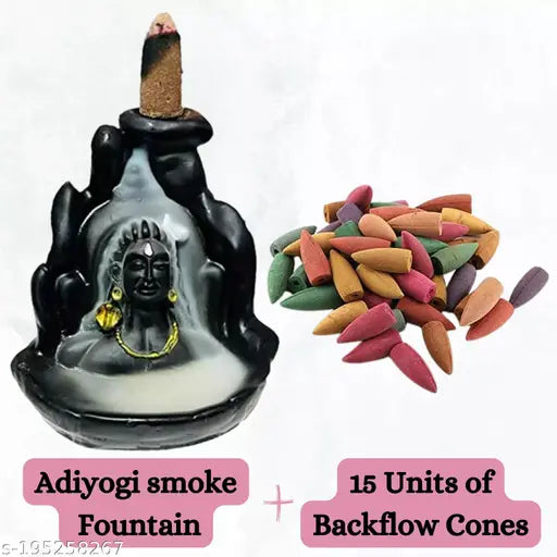Poly Resin Lord Shiva Adiyogi incense holder with 15 backflow incense cones, traditional Indian religious product (10cm x 10cm x 10cm)