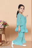 Green silk palazzo set with embellished three-quarter sleeves for toddlers, soft and stylish clothing for kids aged 1-2, 2-3, 4-5 years