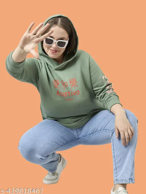 Olive printed graphic sweatshirt for women, fleece material with long sleeves and hood, size options available up to 6XL