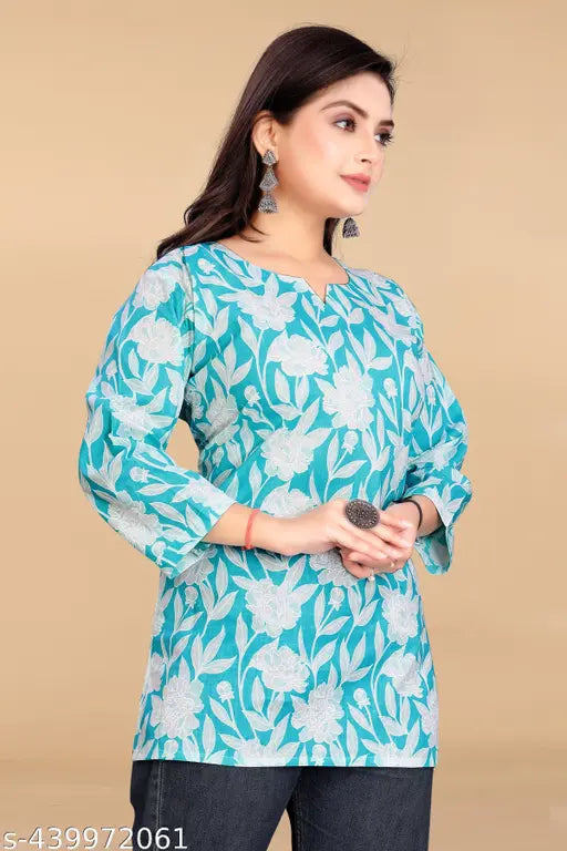 Flower printed cotton tunic top, three-quarter sleeves - women's self-design for casual or festive wear. Indian ethnic wear, made in India