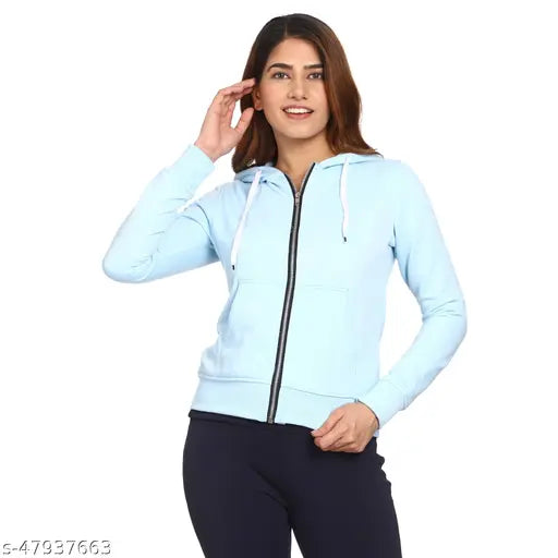 Light blue fleece zipper hoodie, women's regular length cotton blend sweatshirt with long sleeves & kangaroo pockets