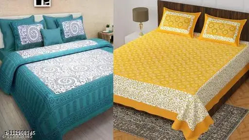 Cotton double bed sheets combo pack, 2 bedsheets & 4 pillow covers with ethnic motifs, ideal for summer, made in India
