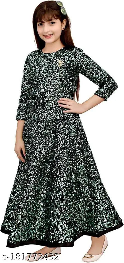 Green and black patterned party dress for girls