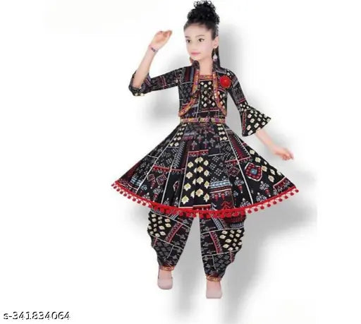 Stylish cotton blend ethnic kids wear, anarkali dhoti pants with printed short sleeves, sizes 12-10 years, Indian origin