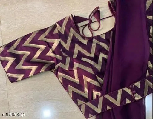 Purple and gold chevron pattern, long-sleeved kameez top with dupatta on white marble floor
