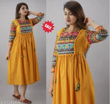 Rayon printed A-line gown kurta with embroidered pattern, three-quarter sleeves for women, Indian ethnic wear