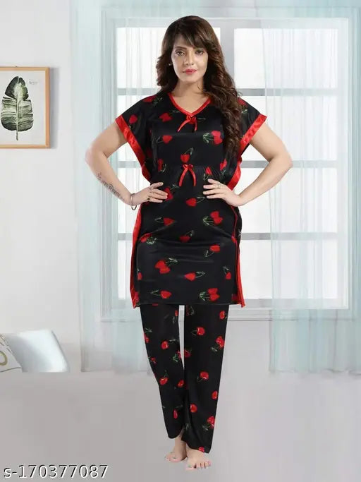 Red & Black Fruity Print Satin Kaftan Night Suit, comfortable loungewear/nightwear set, made in India