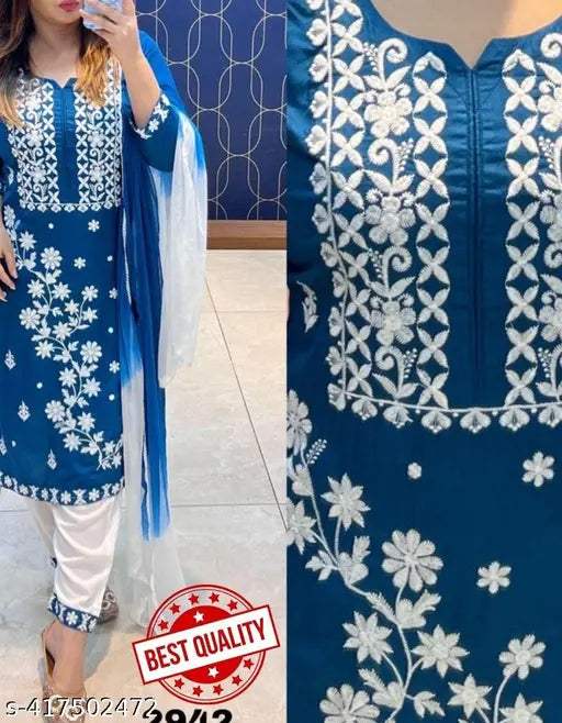 Blue rayon embroidered kurta pant set with dupatta