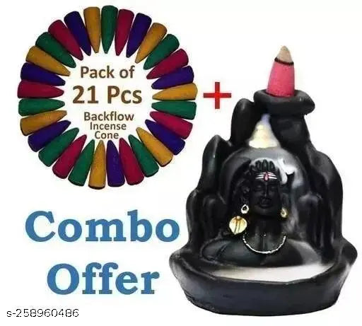 Black polyresin Shiv Shankara Backflow Incense Burner, intricately designed Adiyogi figurine with reversing smoke effect