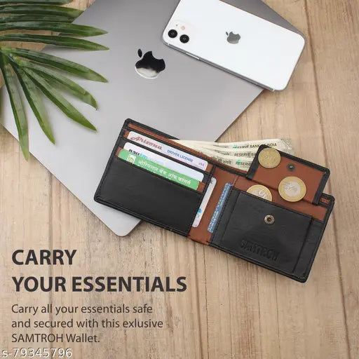 Black faux leather wallet for men by Samtroh, features 2 compartments and a sleek modern design