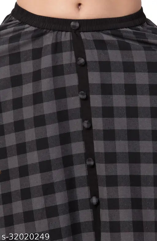 Checkered grey cotton long skirt for women party wear, unique asymmetrical design with mock button