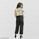 Peach-colored poly crepe paper print women's jumpsuit with three-quarter sleeves, perfect for versatile style and occasions. Made in India