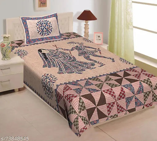 Blue cotton Barmeri Chokada and Dandiya sheets, superfine quality, summer-ready adult bedding with Jaipuri print, 104 thread count, 2 pillow covers included