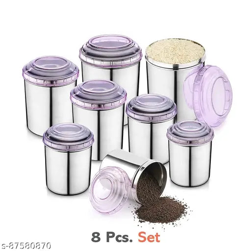Stainless steel canister set, 8 pieces with purple plastic lids