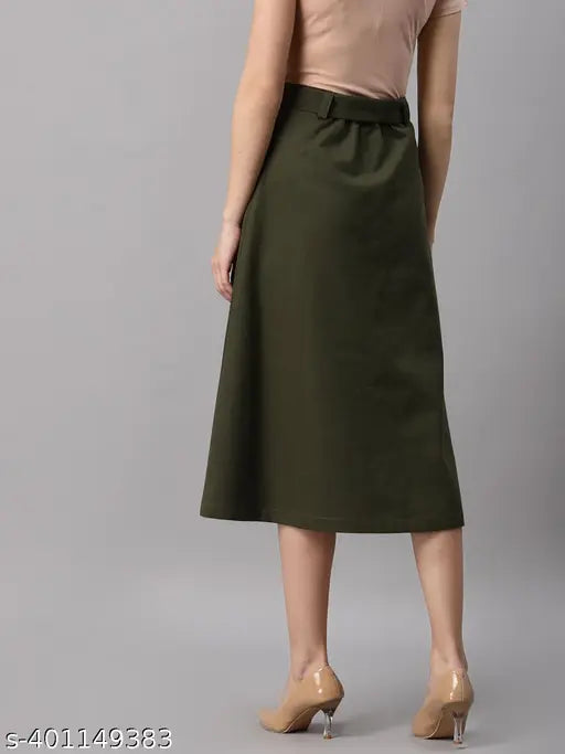 Olive green cotton midi skirt, A-line style, 34 length, perfect for travel and summer