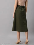 Olive green cotton midi skirt, A-line style, 34 length, perfect for travel and summer