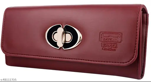 Red leather women's clutch wallet with multiple card slots and a twist lock