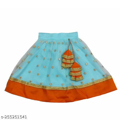 Embellished Chanderi-cotton Lengha set for girls (12-8 years), featuring mirror work and lace border, made in India