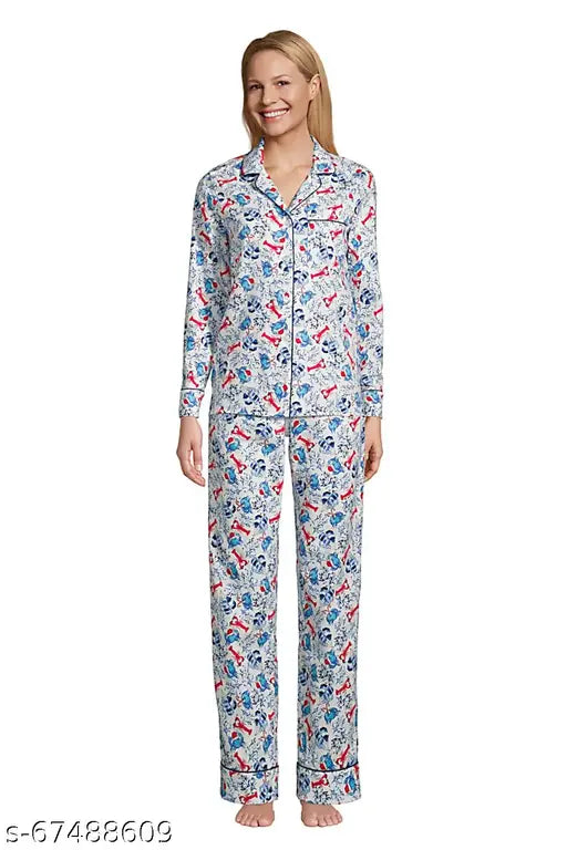 Printed cotton flannel long sleeve night suit, cozy pajamas with 2 side pockets, high quality light weight, India origin