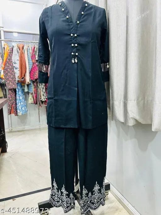 Black Moti rayon kurta and palazzos, solid net three-quarter sleeve black outfit for women, Indian fashion clothing set