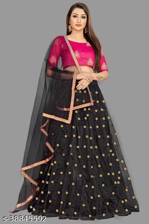 Black embroidered silk lehenga with net bottomwear, intricate embellishments on choli and dupatta, semi-stitched (34in waist, 42in length), Indian traditional wear