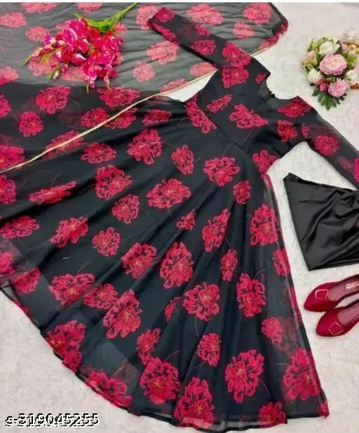 Georgette Anarkali gown set, printed long-sleeved kurta with dupatta on mannequin, Indian women's fashion