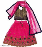 Embroidered cotton blend lehenga choli set for girls (8-9 years), fully stitched with net dupatta and brocade choli