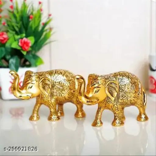 Gold-polished Chandra Art Collection Elephant Idols Set (2 pcs, Metal, Yellow) - Decorative Showpiece for home or office gift, symbolizing wisdom and strength