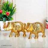 Gold-polished Chandra Art Collection Elephant Idols Set (2 pcs, Metal, Yellow) - Decorative Showpiece for home or office gift, symbolizing wisdom and strength