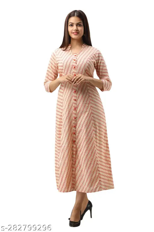 Orange striped rayon cotton blend A-line kurta, three-quarter sleeves. Indian ethnic wear in soft orange hue with geometric print, Mandarin neck, and comfortable fit