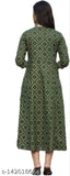 Green and silver-toned AAYUMI Woman Anarkali Kurti, cotton slub maxi dress with keyhole neck, three-quarter sleeves. Indian ethnic motifs printed a-line dress, gathered detail and flared hem." (125 characters)