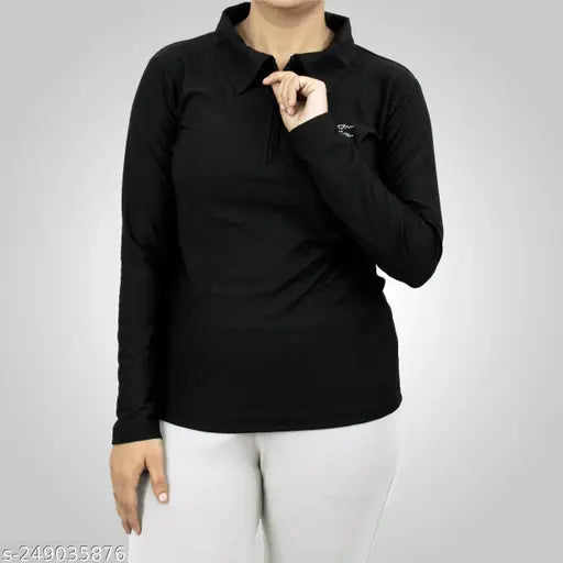 Stylish lycra half-zip polo neck t-shirt for women and girls, solid print, long sleeves - available in S, M, L, XL (India origin)