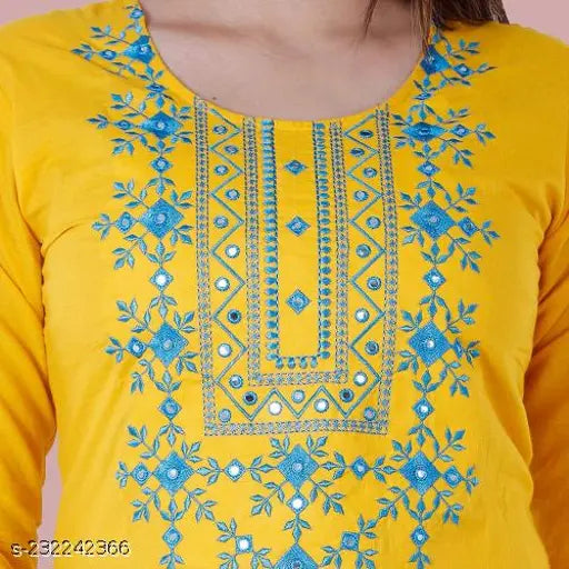 Yellow rayon solid embroidered kurta, three-quarter sleeves, India-made traditional women's clothing