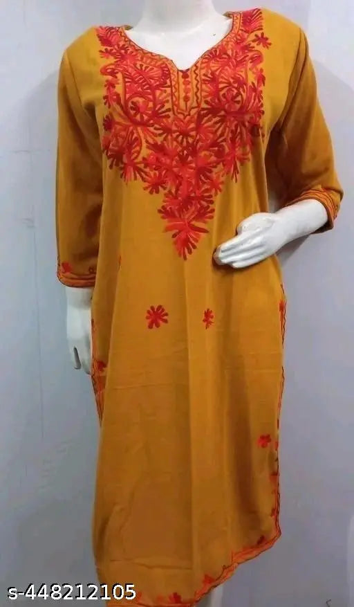 Yellow cotton traditional Indian kameez with embroidered designs, full length