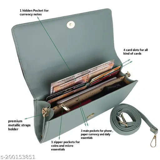 Faux leather green sling bag, 4 compartments, detachable straps, card slots - premium accessory for modern women