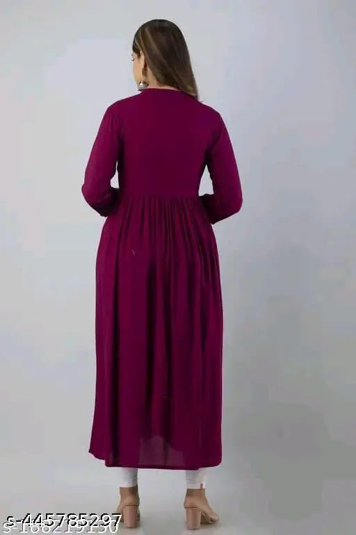 Maroon embroidered Rayon three-quarter sleeve calf length kurta, stylish Anarkali dress for women. Size M: bust 38in, length 46in
